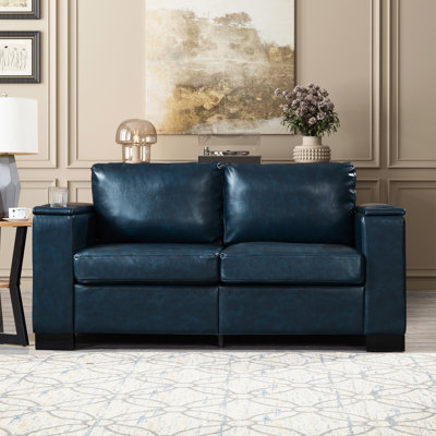 Rangement bleu marine à 2 places avec porte-gobelet, revêtu de similicuir respirant, structure en bois massif et pieds brun foncé de style moderne 67,7 po, accoudoir carré, ressort hélicoïdal confortable