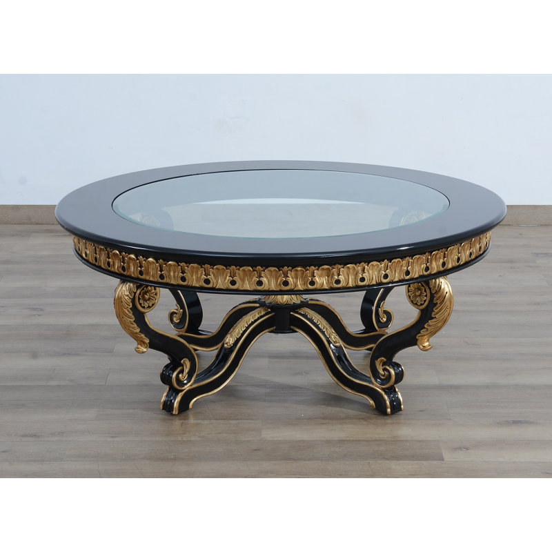 Glass Coffee Table, 20" H x 47" W x 47" D, Black/Antique Dark Gold