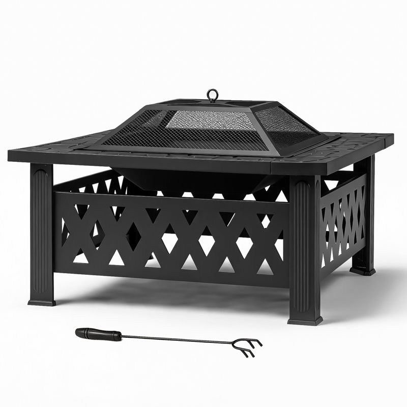 Square Black Wrought Iron Wood Burning Fire Pit, Diamond Lattice Cutout Outdoor Fire Table with Pyramid Mesh Spark Screen & Metal Fire Poker, Multi-functional Fire Bowl for Backyard, Lawn, Garden Camping & Family Gatherings