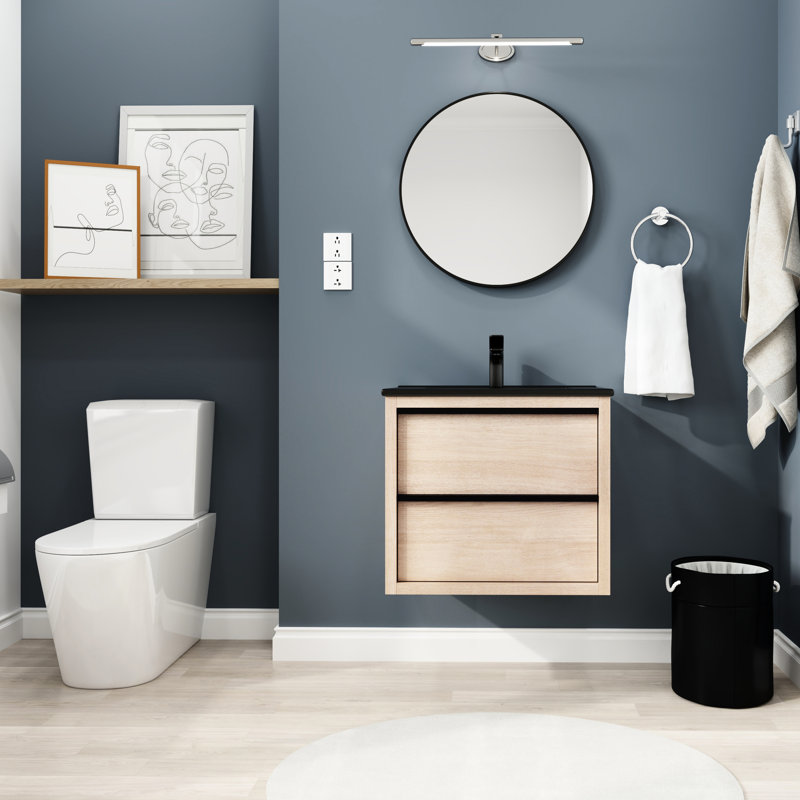 24" Bathroom Vanity With Black Ceramic Sink, 2 Soft Close Drawers & Metal Handle Wall Mounted Sink And Tenacious Drawer Picks
