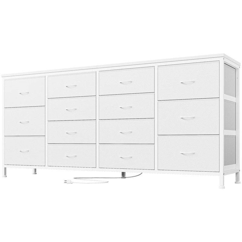  Long 14 Drawer Dresser TV Console, Power Outlets, 63” Storage Chest for Bedroom, White