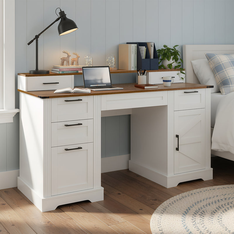 Bureau de ferme 59 "avec station de charge et armoire de rangement (tabourets non inclus), Noyer, White