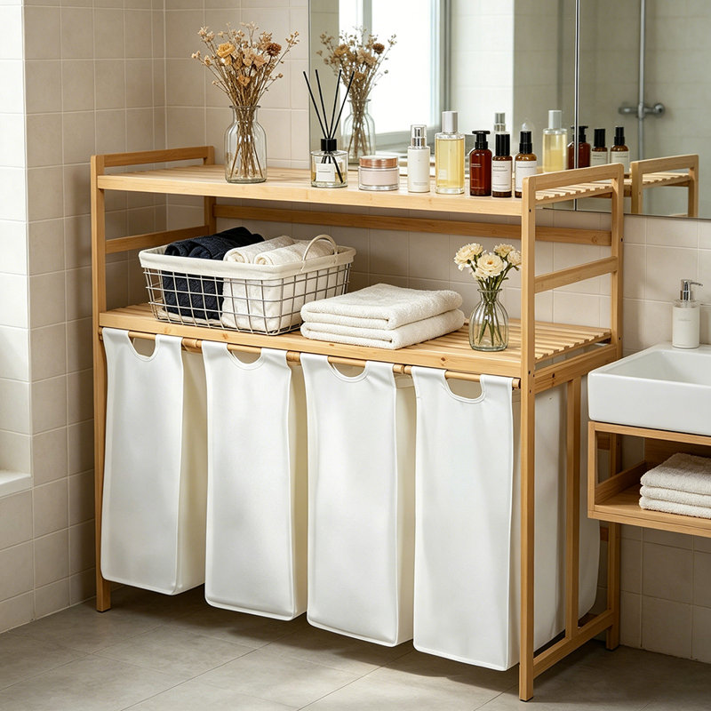 Rangement en bambou pour panier à linge, Blanc, 39.4" H  x 40.5" W x 16.3" D