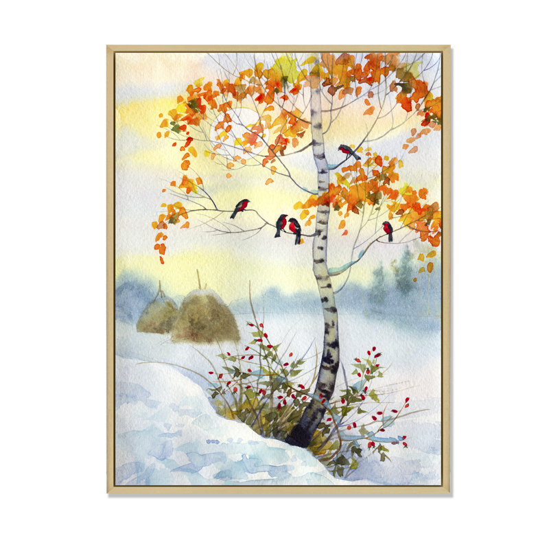 Bouvreuil sur le bouleau d'hiver - Peinture, H 36 po x l 24 po x P 1 po, Cadre flottant brun
