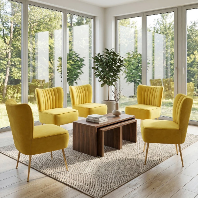 Accent Side Chair With Gold Legs, Yellow Velvet