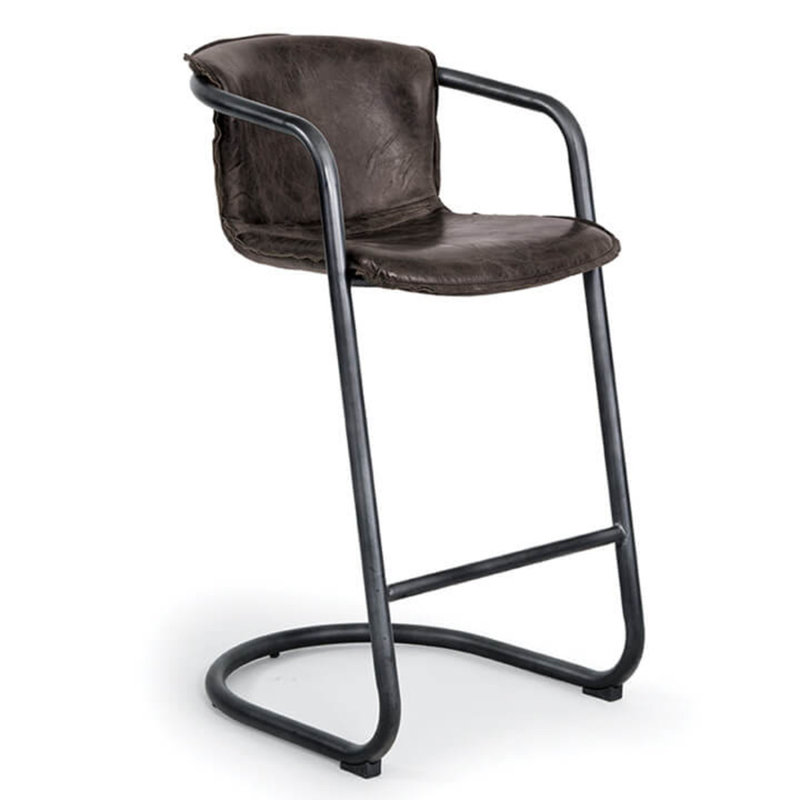 Distressed Whiskey Leather and Metal Bar Stool