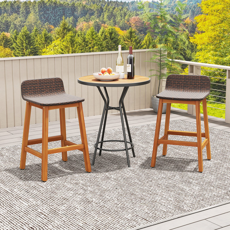 Ensemble de 2 tabourets de bar en bois d'acacia massif à hauteur de bar en rotin, 2, Brown