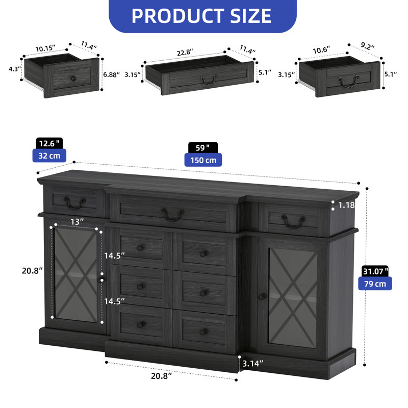 59'' Farmhouse Sideboard Cabinet with Adjustable Shelves, Black