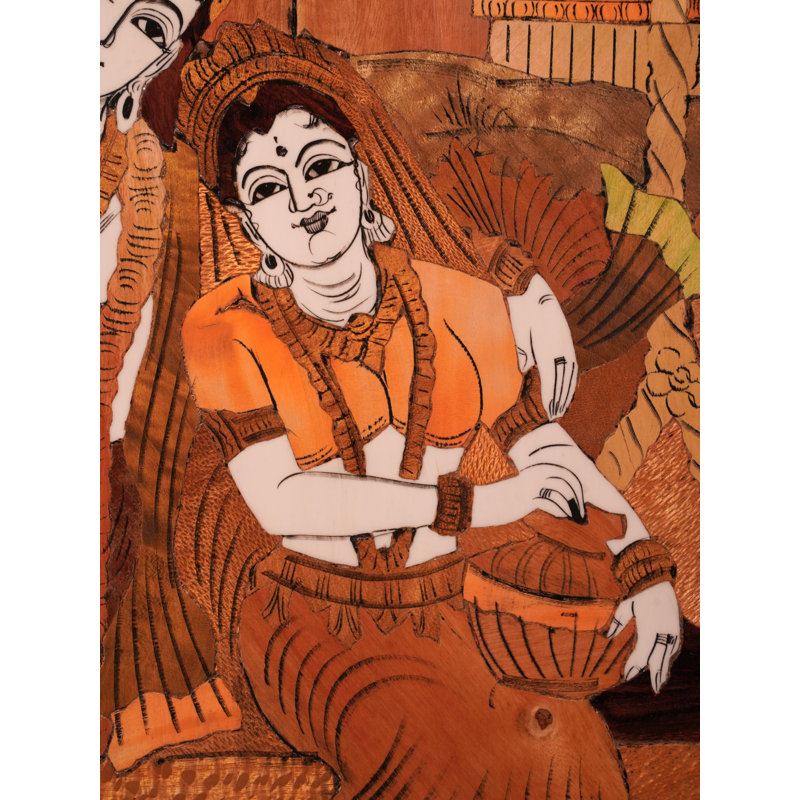 Handcrafted 31-Inch Radha Krishna on Swing Wood Panel with Mysore Inlay