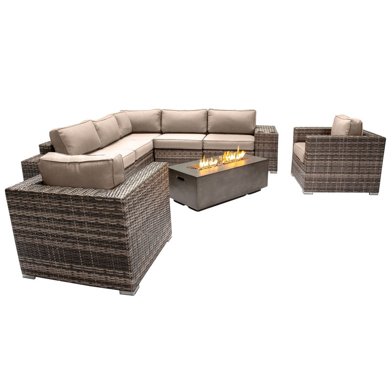 Lsi Fully Assembled 6 Person Seating Group With  Sunbrella Cushions And Concrete Firepit, Sunbrella Beige