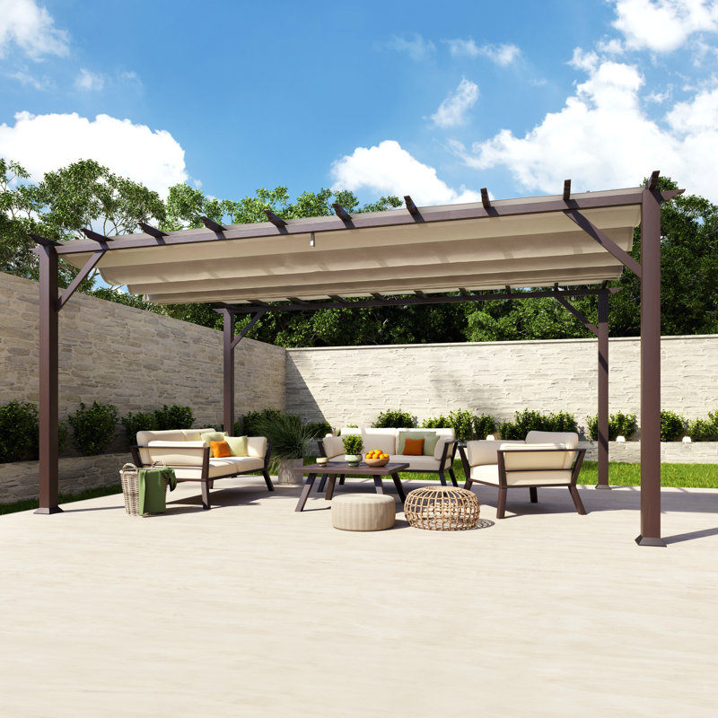 Florence 16' W x 11' D Wood Grain Aluminum Pergola in Chilean Ipe Finish with Adjustable Canopy, Sand