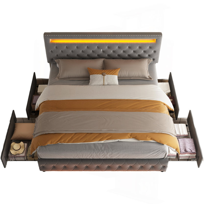Queen Size Led Bed Frame With 4 Storage Drawers