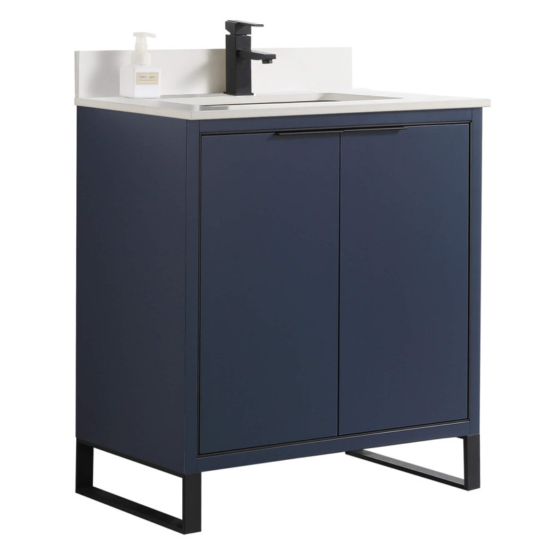 Geryl Free Standing Single Bathroom Vanity with Stone Top, Matte Black, Navy Blue, 30"W