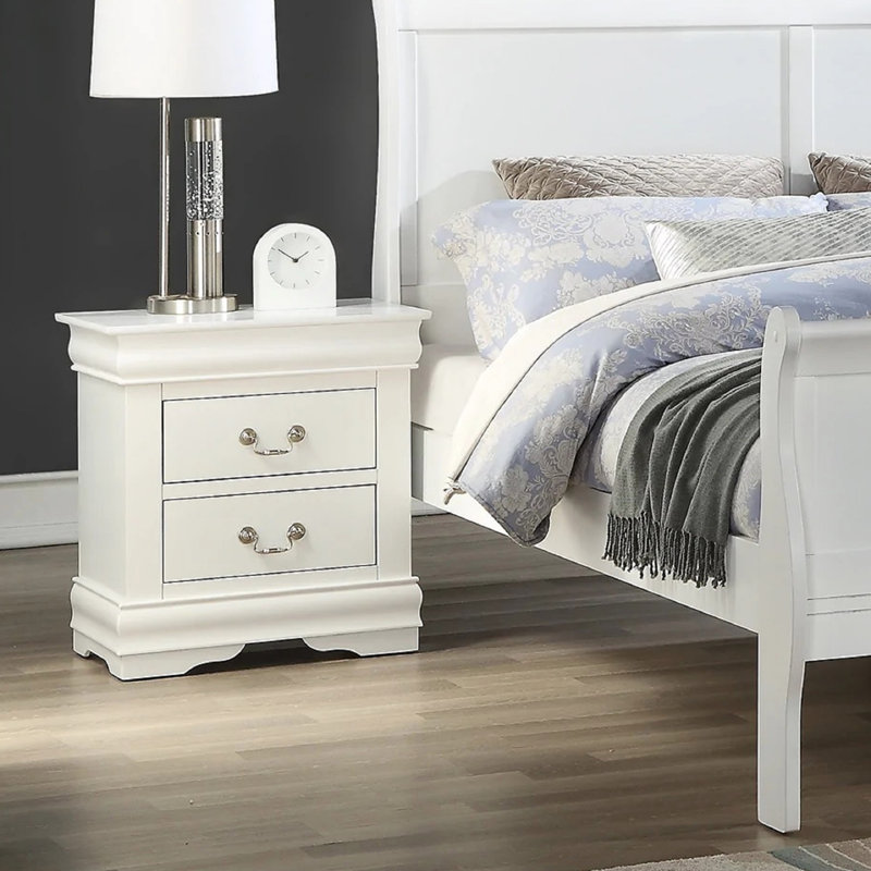 Contemporary Solid Wood Nightstand With Two Drawers, Rich Finish, And Soft Close Glides For Modern Bedrooms, White