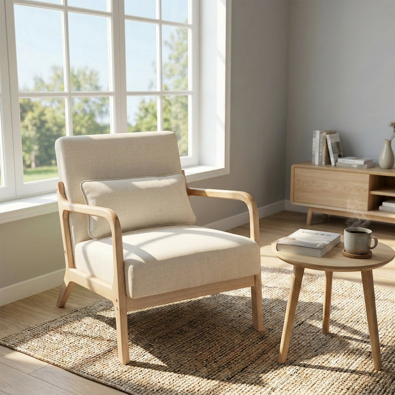 Chaise d'appoint Mid-Century moderne en bois massif avec dossier ergonomique, Beige