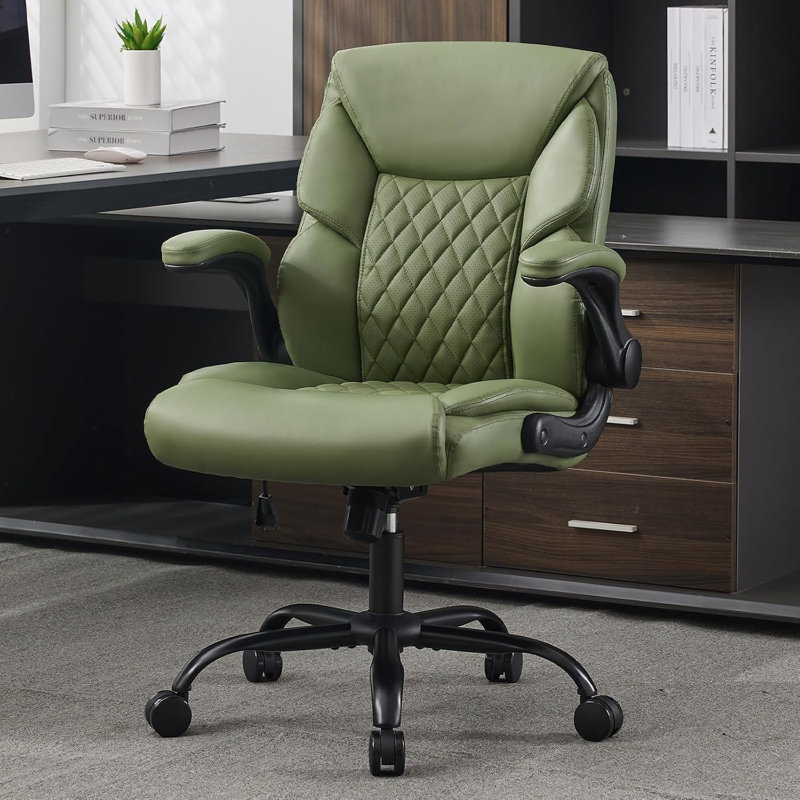  Home Office Chair with Lumbar Support, Thickened Seat, Small PU Leather Desk Chair Swivel Rocking, Comfy Computer Chairs with Rolling Wheels & Flip up Armrests, Executive Chair |Green