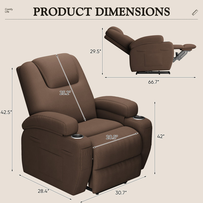 Fauteuil inclinable électrique avec massage Power Lift, Tissu brun