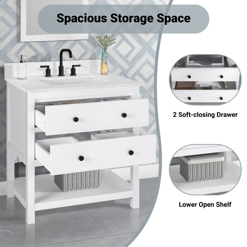 Meuble-lavabo simple 30 po avec comptoir en quartz blanc de Carrare Encino, pré-assemblé, 31"