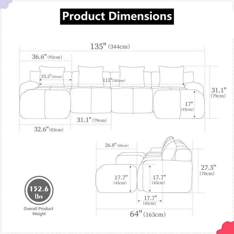 Canapé-lit modulaire en forme de U 135,4 po avec 2 repose-pieds et 4 coussins en tissu taupe, Polyester taupe