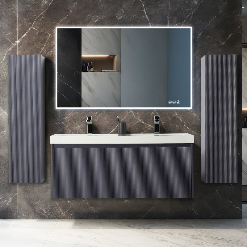 Meuble-lavabo double mural 48 po avec lavabos en acrylique et 2 armoires latérales Nekishia - devant cannelé, tiroirs à fermeture en douceur
