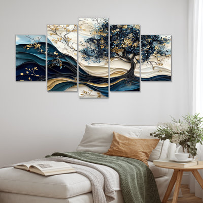 "Blue and White Modern Blossom Tree II" - ensemble d'art mural sur toile