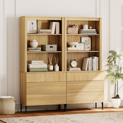 71.6"H X 63"W Set Of 2 Bookcase With Storage Cabinets, 6 Tier Bookshelf With Fluted Drawers And Adjustable Shelves, Large Modern Display Cabinet For Living Room Bedroom Home Office Kitchen