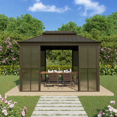 12 x 10 FT Outdoor Hardtop Sunroom Gazebo, Fully Enclosed Patio Solarium with Galvanized Steel Double Roof, Aluminum Frame, Lockable Sliding Doors & Slideable PE Screen Windows, All-Season Outdoor Gazebo for Backyard, Deck & Hot Tub