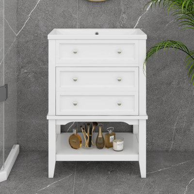 Meuble-lavabo 24 po avec lavabo, structure en bois massif, armoire de rangement avec tiroir et tablette ouverte, conception peu encombrante
