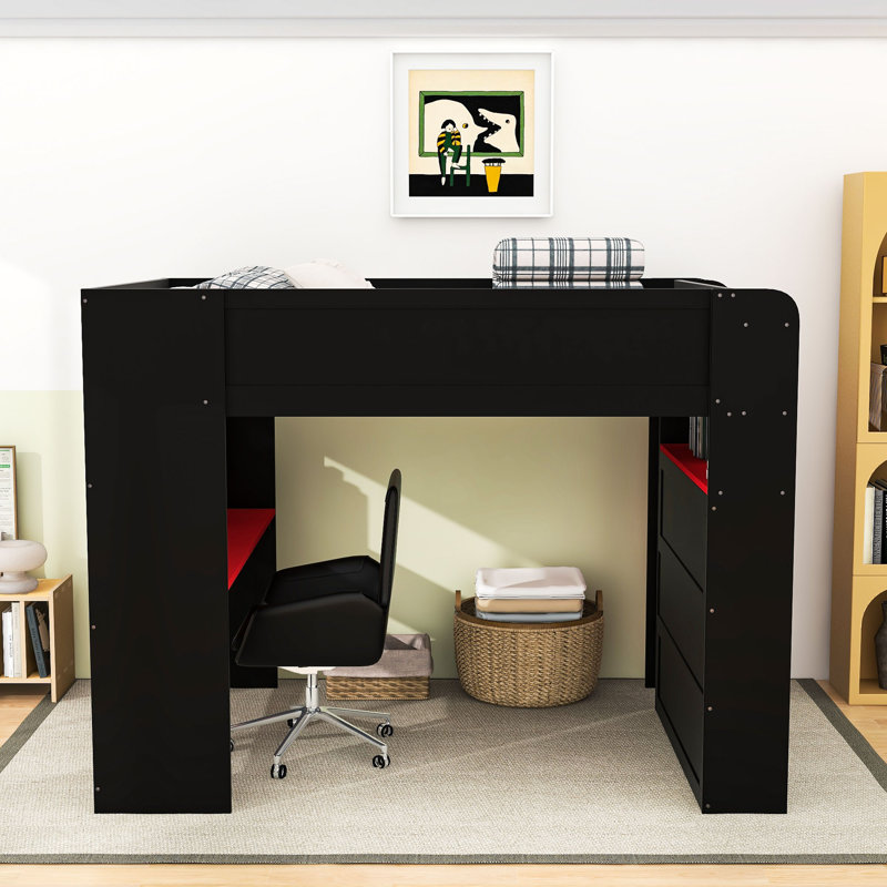 Lit mezzanine double en bois avec bureau, port USB et éclairage à bande RVB, Rouge
