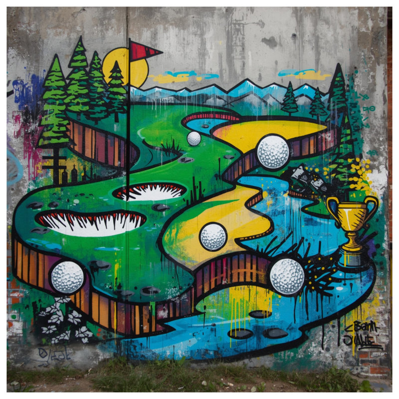 Golf Course Graffiti Wall Tapestry - Golf Wall Decor, 68in H x80in W with 4 Grommets