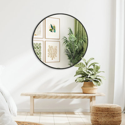 Grand miroir mural rond de 32 pouces de diamètre dans un cadre en métal pour salle de bain - Film incassable, crochets renforcés, protection moderne encadrée par manuel d'installation, remplisseur, trousse facile