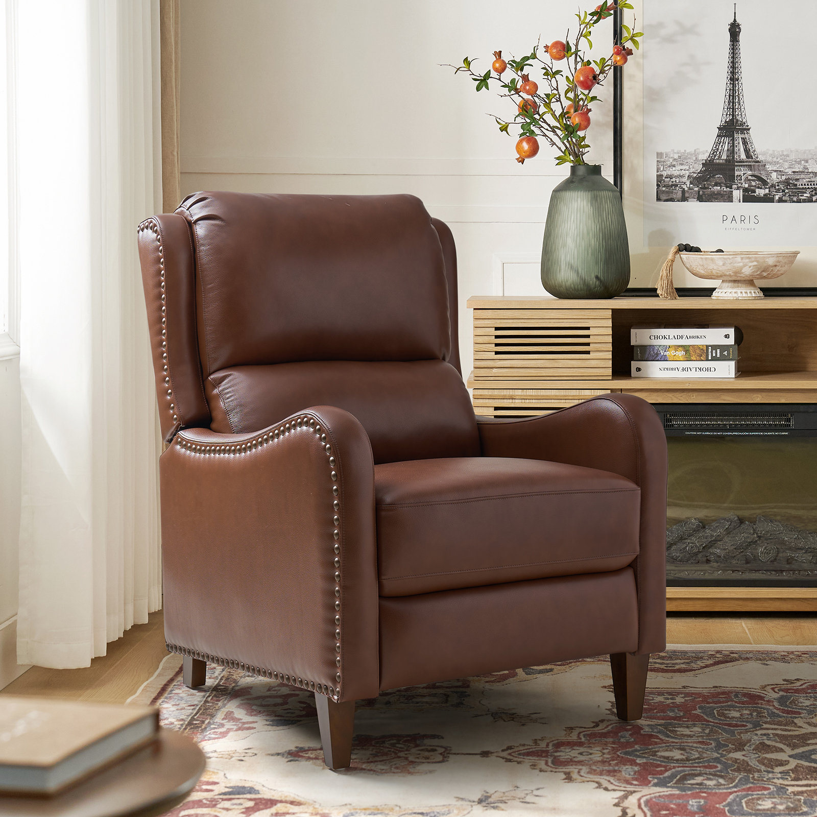 Beecher 28.75" Wide Genuine Leather Manual Club Recliner, Brown Top Grain Leather