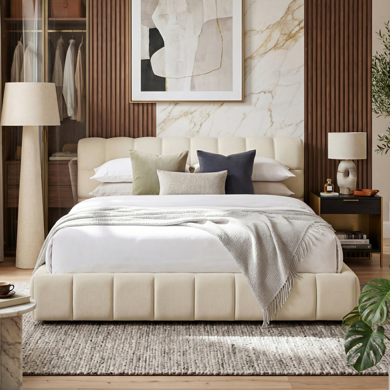 140x200cm EU Double Upholstered Bed, Relaxed Modern Cloud Bed with Padded Flange Edge & Embedded Design, Beige/Grey Linen