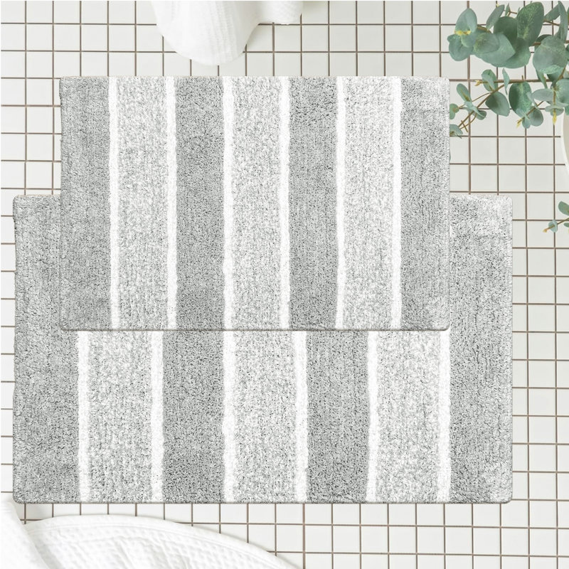 Ensemble de 2 tapis de bain à rayures antidérapants 100% coton Cervantes, Grey/White, Grand