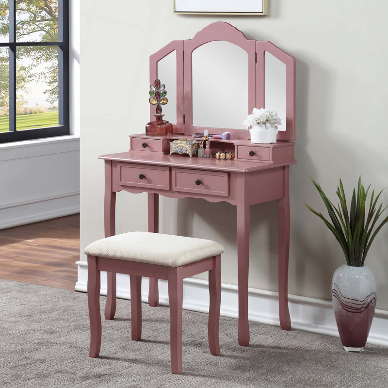 Ensemble coiffeuse et tabouret en bois Sanlo, Or rose