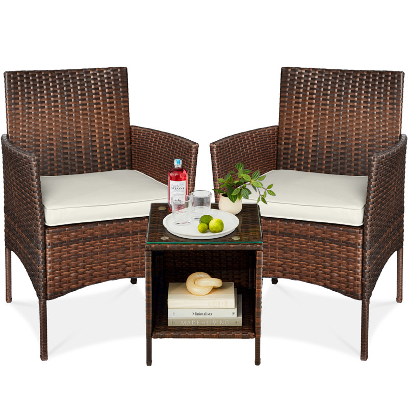  3-Piece Outdoor Wicker Conversation Patio Bistro Set, W/ 2 Chairs, Table - Black/White Sand, White Sand, Black