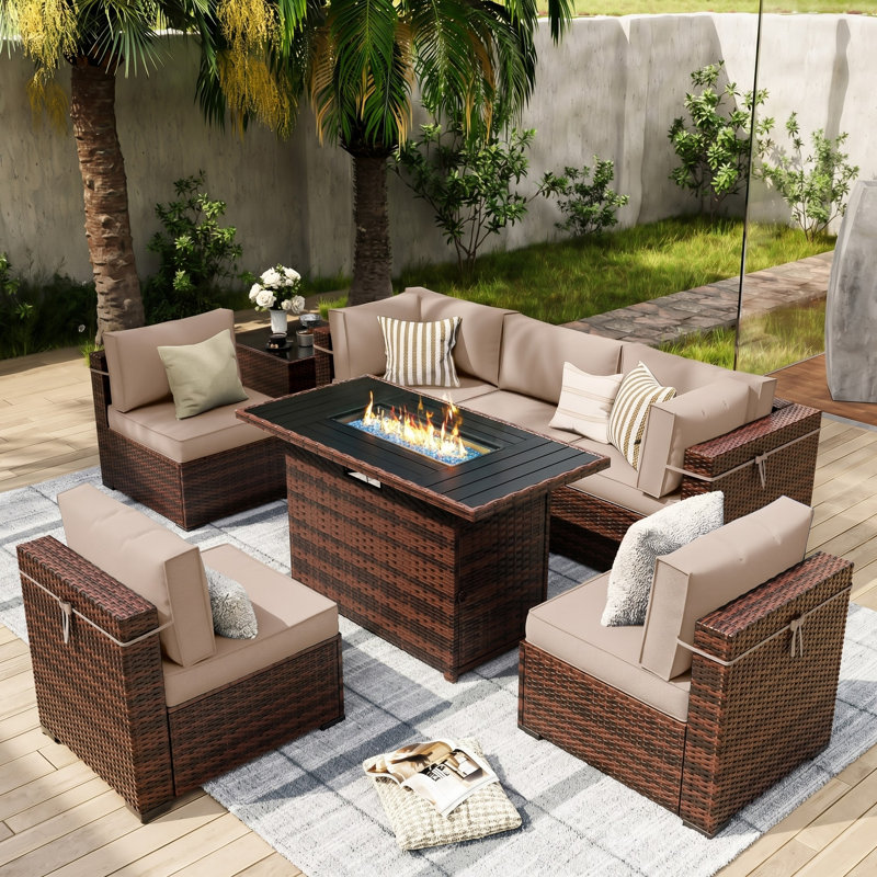 Romanas 8 Piece Patio Conversation Sets With Fire Pit Table, Khaki