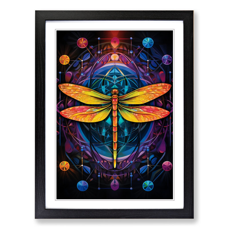 XYZ-FRM-V1223-560 Dragonfly Geometric - Single Picture Frame Print on Wood, 46cm H x 34cm W x 2cm D, Black