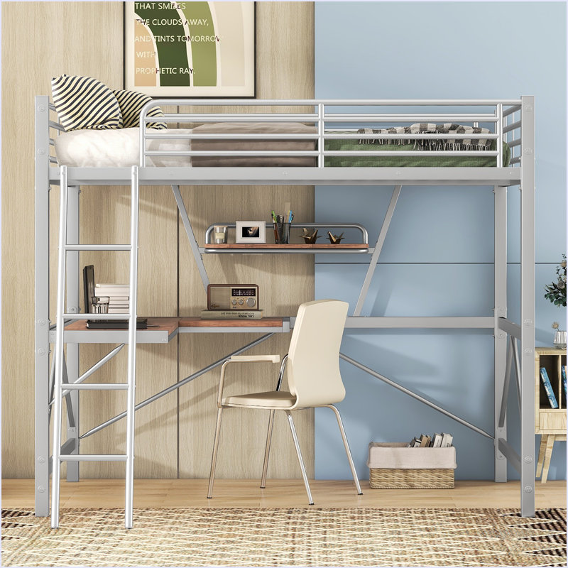 Lit en bois et panneau de fibres à densité moyenne avec bureau et tablette Loft, Argent argent, Double