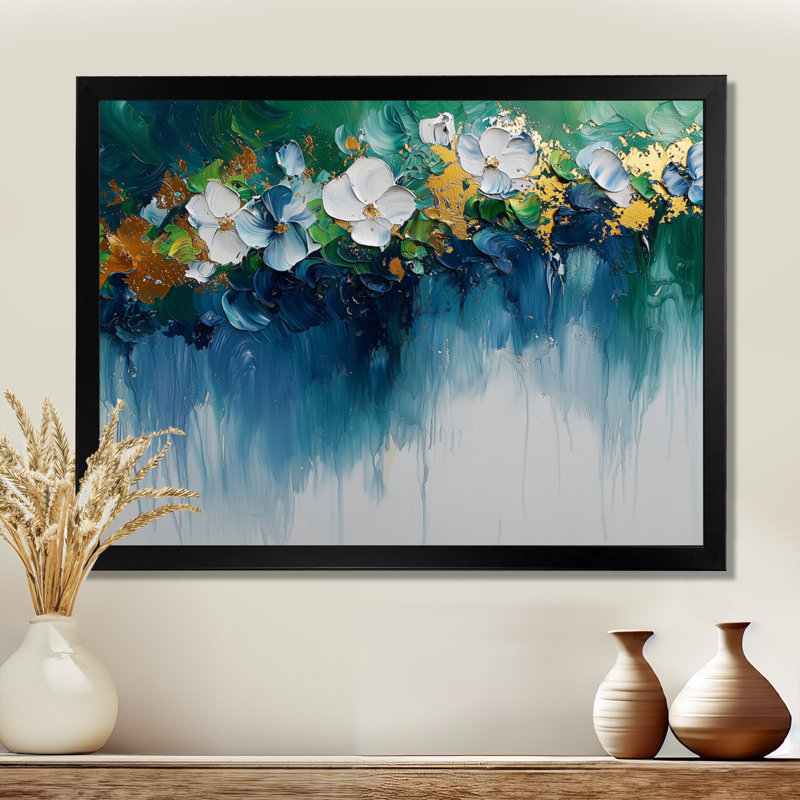Vert néo-expressionniste de fleurs de bruine rythmique I - art mural néo-expressionniste pour le salon, H 12 po x l 20 po