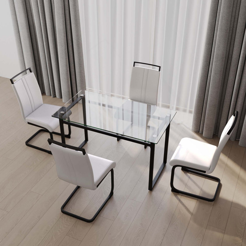 5PCS 51-Inch Glass Dining Table Set, Modern Black Metal Leg Dining Table With 4 PU Thick Cushioned Dining Chairs With C-Shaped Base