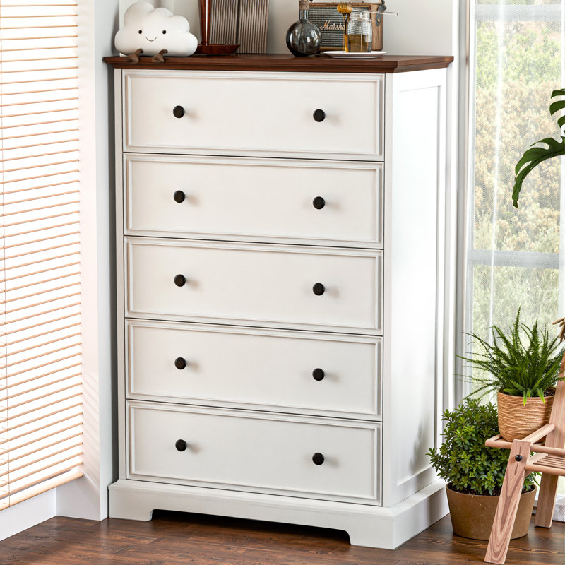 Modern 5 Drawer Dresser with Anti-Tip Kit, White Chest of Drawers for Bedroom, Living Room, or Closet