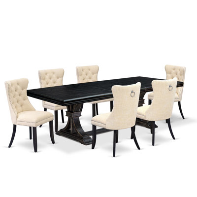 Cet ensemble de salle à manger de cuisine 7 pièces se compose d'une table rectangulaire et de 6 chaises modernes en tissu de lin beige clair avec dossier capitonné à boutons - finition noire sablée.