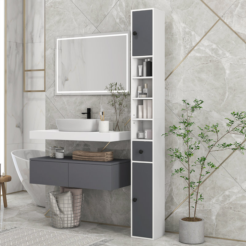 71" Tall Bathroom Storage Cabinet, Narrow Toilet Paper Cabinet With Open Shelves, 2 Door Cabinets, Adjustable Shelves For Kitchen, Hallway, Living Room, Gray