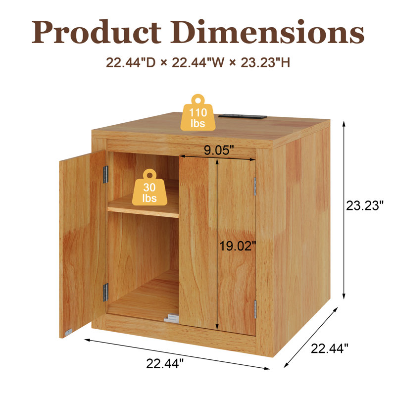 End Table with Charging Station and USB Ports, Modern Bedside Table with Door, Rustic Wood Square Nightstand with Adjustable Storage Shelf for Living Room, Bedroom, Oak Wood