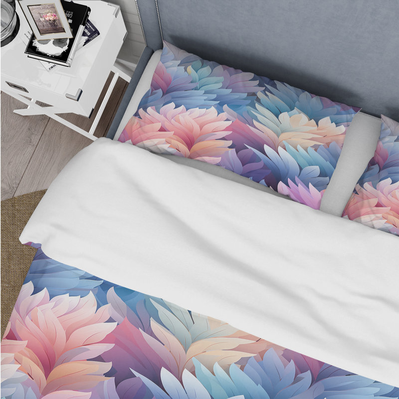 Ensemble de housse de couette bleu et rose Mystic Ferns Chevron, Housse de couette pour très grand lit et 2 très