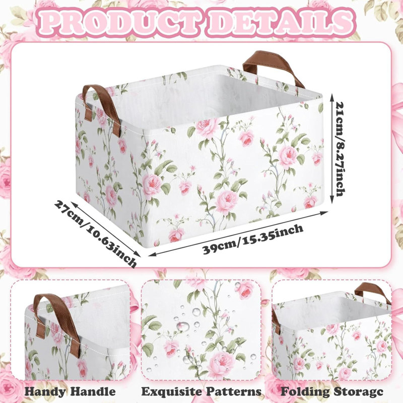 3 Pcs  Hydrangea Foldable Storage Baskets  Flower Laundry Basket With Handles Waterproof Storage Bins Fabric Shelf Baskets For Organizing Closet Clothes