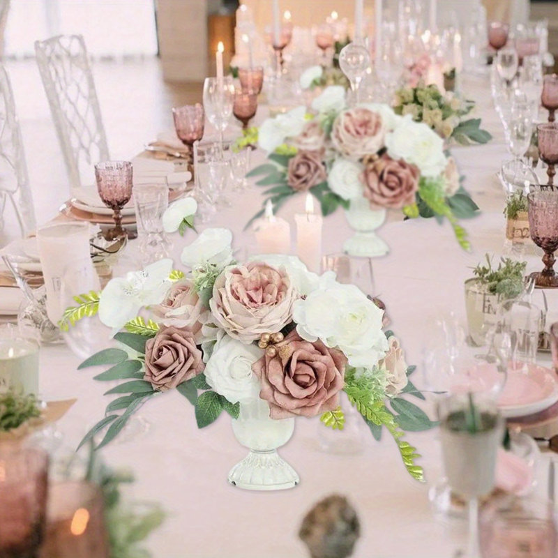 2 pièces fleurs de centre de table de mariage rose, décor de mariage de fleurs artificielles pour la réception de table, bureau de table, manteau de cheminée, allée, fausses fleurs, décorations de mariage pour la Saint-Valentin (sans vase)