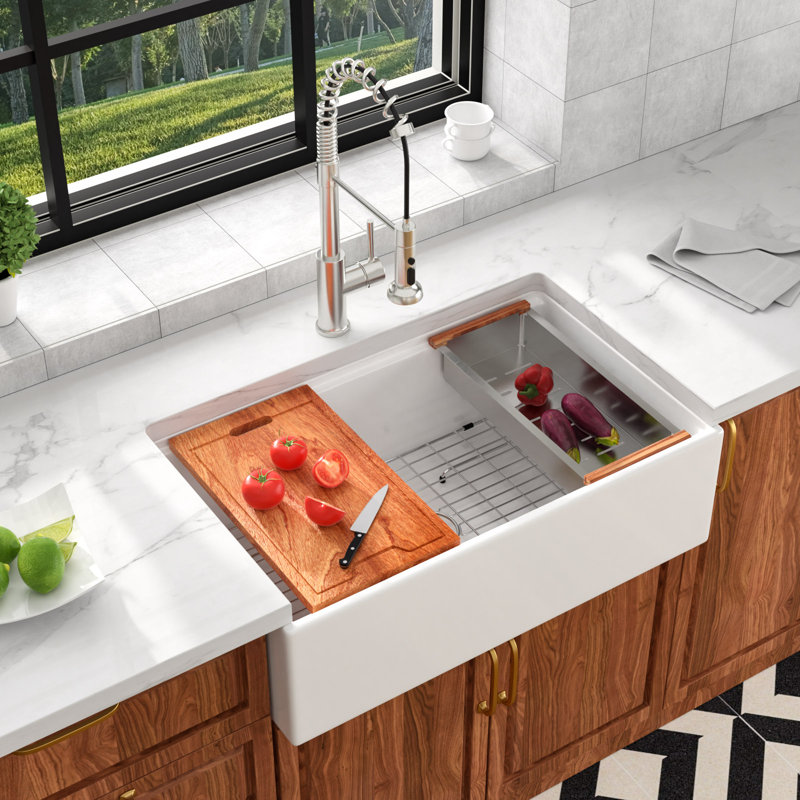 33" L X 20" W Farmhouse Workstation Kitchen Sink White Ceramic Kitchen Sink Single Bowl Sink, Brushed Gold