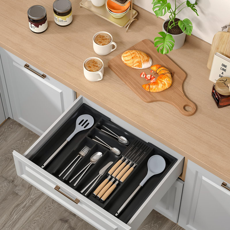 Bambou-Argenterie-Tiroir-Organisateur-Cuisine, Porte-ustensiles extensible Porte-ustensiles Couvertures de rangement réglables